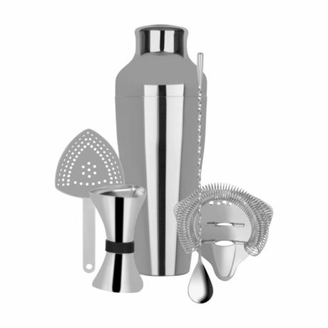 Zanzi Cocktail Set: a 5pc stainless steel barware kit for perfect cocktails, including shaker, strainer, jigger, ice tongs, and spoon.