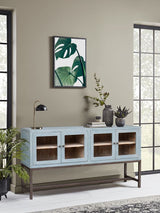 French Country sea-salt kitchen console in old pine, featuring four doors and sturdy metal handles for stylish storage.