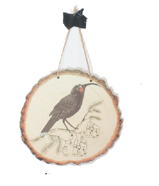 Wood slice wall art featuring intricate designs of the Huia bird, crafted from eco-friendly pine veneer, ready to hang.