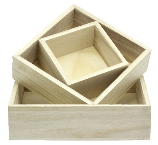 Set of 3 natural wooden trays in varying sizes, perfect for home decor and organization with rustic charm.
