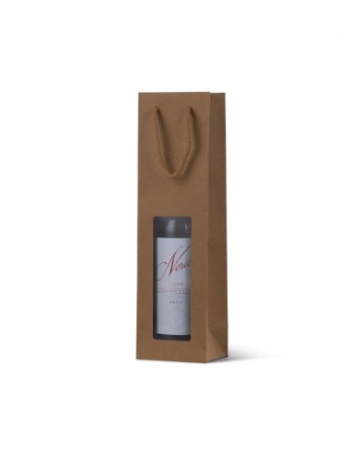 Brown kraft wine bag with clear window, cotton rope handle, and block bottom, ideal for elegant gift presentation.