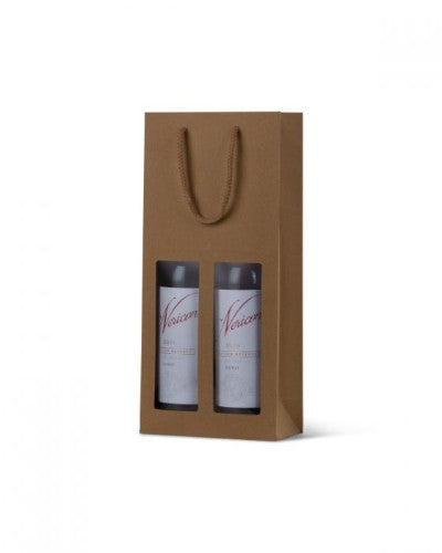 Eco-friendly brown kraft double wine bags with clear window and cotton rope handles, ideal for gifting wine.