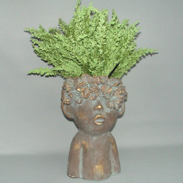 Bronze girl planter head (27cm) for indoor/outdoor use, combining artistry and functionality for stylish plant displays.