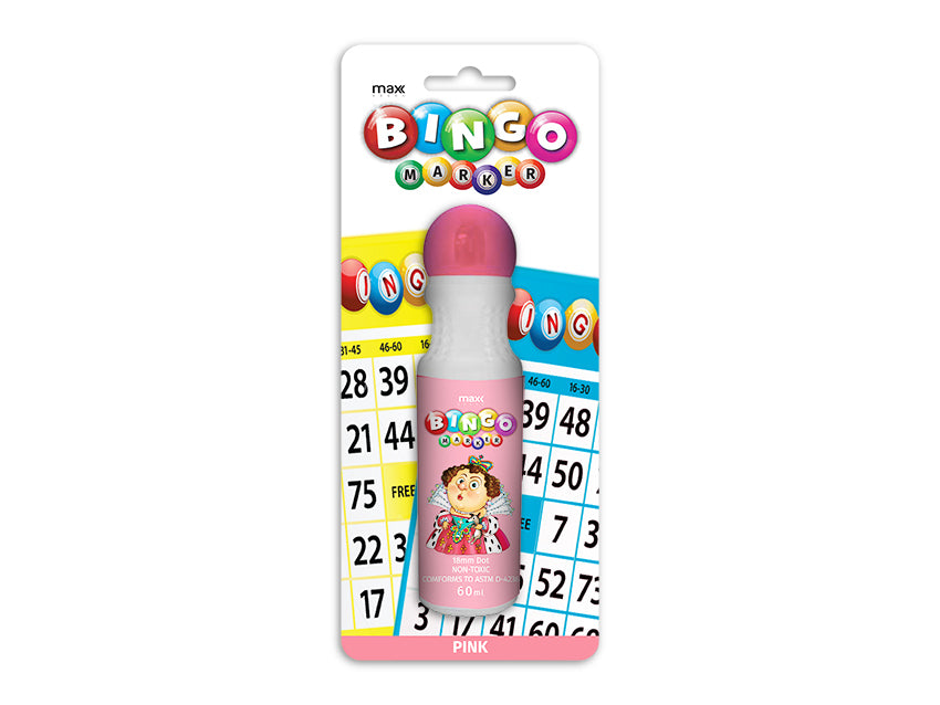 Pink bingo marker with 18mm nib, 60ml size, perfect for marking cards in community games, available in a 24-unit pack.
