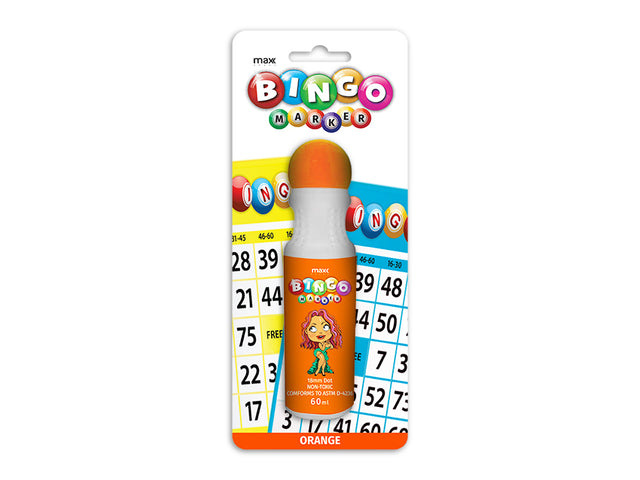 Vibrant orange bingo markers with 18mm tip, 60ml size, perfect for clear card marking at events, sold in sets of 24.