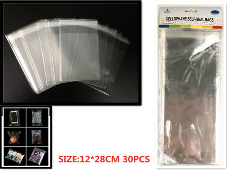 Clear cellophane self-seal bags, 12 x 28CM, 360 pieces, ideal for packaging food, gifts, and crafts securely.