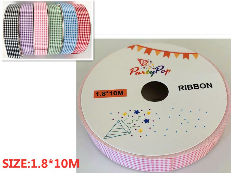 Pink and white 1.8 x 10M ribbon, perfect for gift wrapping, crafting, and event decor, offering versatility and elegance.