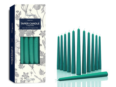 Unscented turquoise taper candles, 25cm tall, perfect for décor and events, 12 candles per pack, 24 packs total.