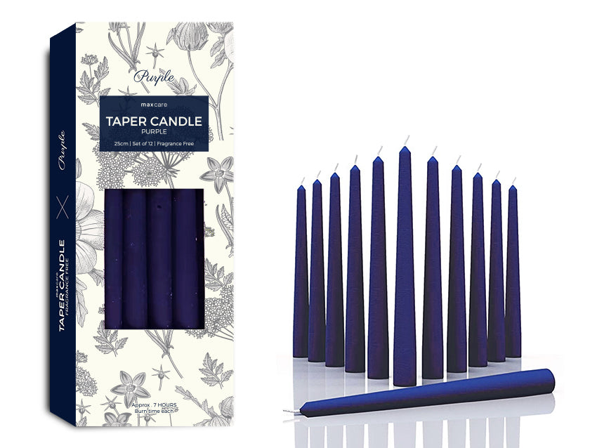 Unscented purple taper candles, 25cm, in 12-pack; perfect for elegant dining and warm ambiance for any occasion.