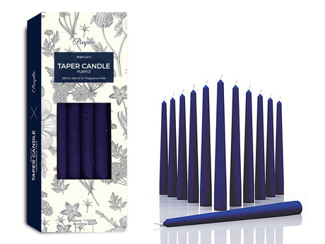 Unscented purple taper candles, 25cm, in 12-pack; perfect for elegant dining and warm ambiance for any occasion.