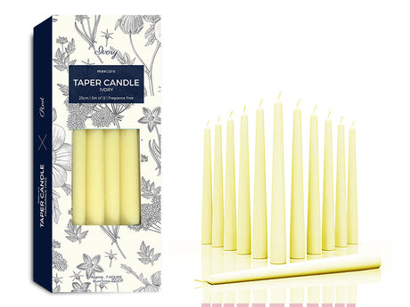 Elegant 25cm unscented ivory taper candles in a bulk pack of 24, perfect for any event or cozy setting.