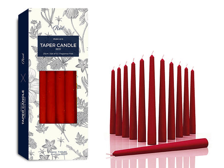 Unscented red taper candles, 25cm tall, perfect for elegant decor and celebrations; 12 candles per pack, 24 packs total.