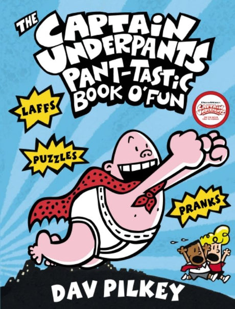 Hardback activity book filled with Captain Underpants fun, jokes, puzzles, and drawing activities for kids.