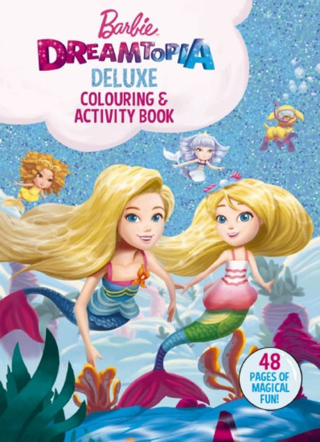 Colouring and activity book featuring Barbie in a magical adventure with fairies, mermaids, and puzzles to solve.