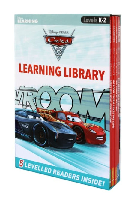 Colorful hardback books from the Disney Learning: Cars 3 collection, featuring Lightning McQueen and friends for young readers.