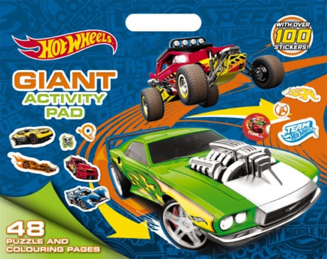 Hot Wheels Giant Activity Pad featuring 48 pages of coloring, puzzles, and stickers for imaginative racing fun.
