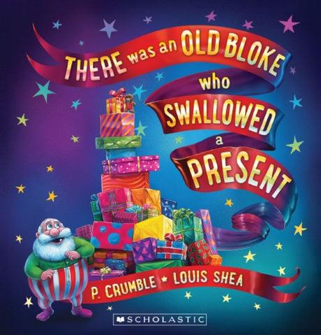 Whimsical hardback book depicting a playful old bloke swallowing a Christmas present, perfect for family holiday reading.