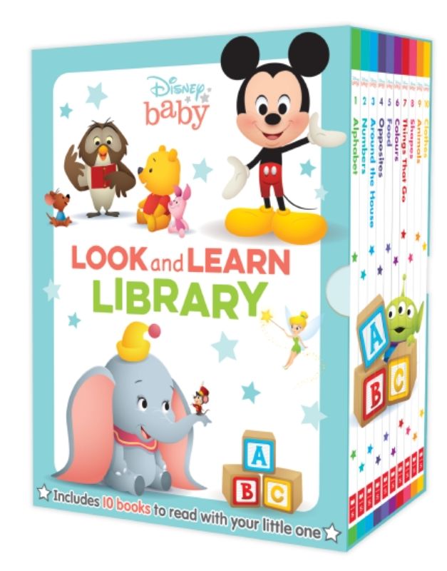 Colorful boxed set of 10 Disney Baby books for early learning, featuring beloved characters and essential skill topics.