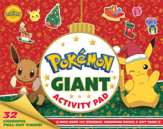 Giant Pokémon Christmas activity pad with puzzles, coloring, crafts, stickers, and a convenient carry handle for holiday fun.