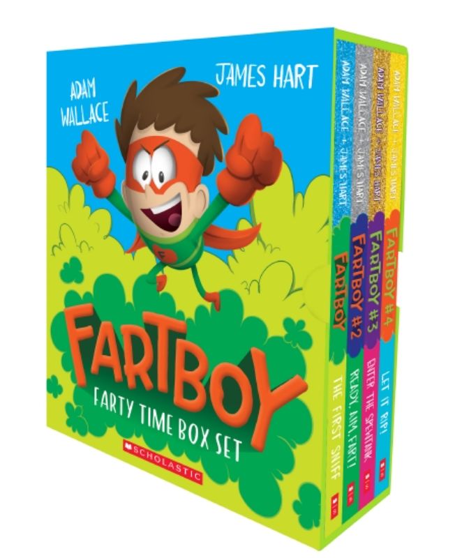 Fartboy Farty Time Box Set featuring four humorous books filled with vibrant illustrations and fart-themed adventures.