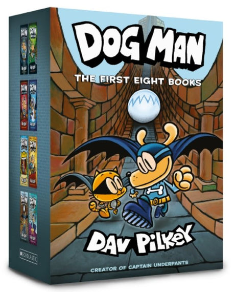 Boxed set of "Dog Man" graphic novels features the first eight books, showcasing action, humor, and engaging illustrations for kids.