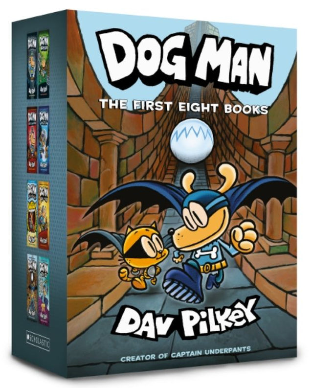 Boxed set of "Dog Man" graphic novels features the first eight books, showcasing action, humor, and engaging illustrations for kids.