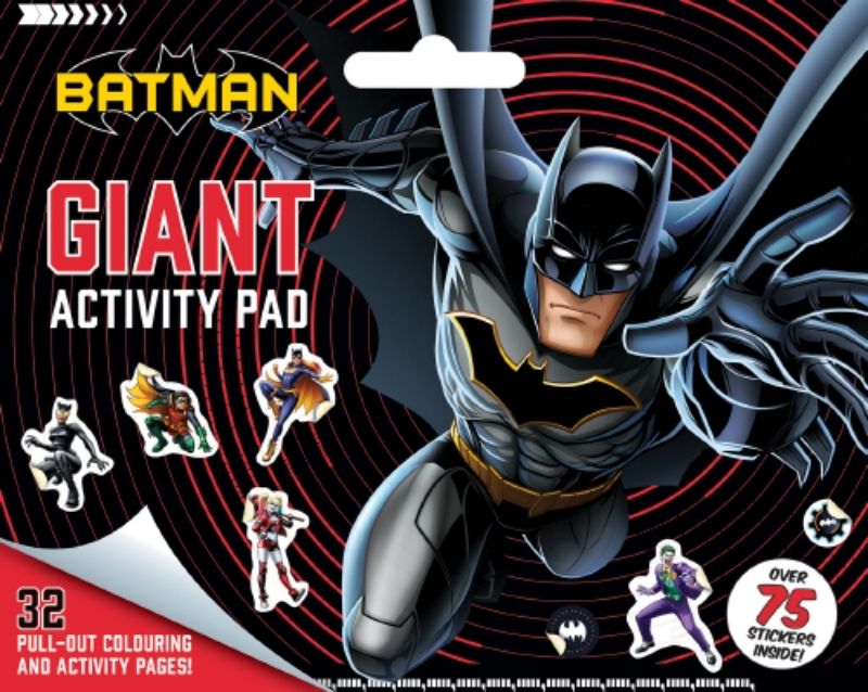 Batman: Giant Activity Pad featuring puzzles, coloring pages, and challenges for kids age 5+, enhancing creativity and fun.