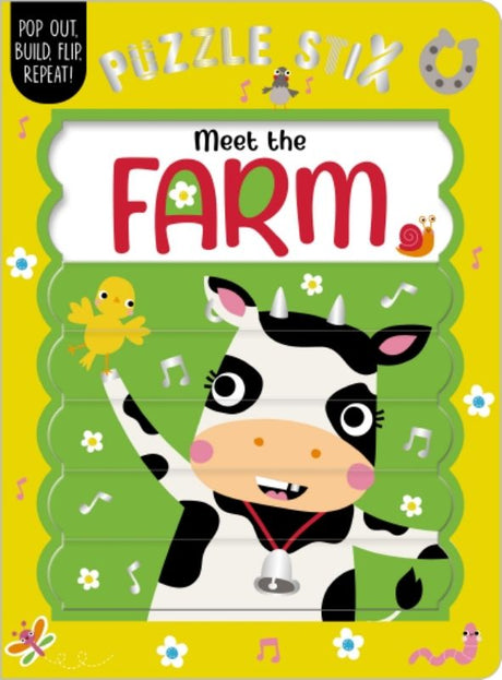 Interactive board book featuring pop-out sticks, vibrant farm illustrations, and rhymes for toddlers' learning and play.