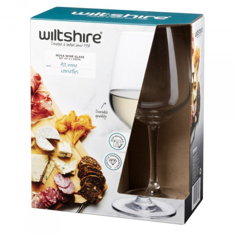 Elegant Wiltshire Set 2 Nova Wine glasses, 455ml each, crafted from durable soda lime glass, perfect for any occasion.