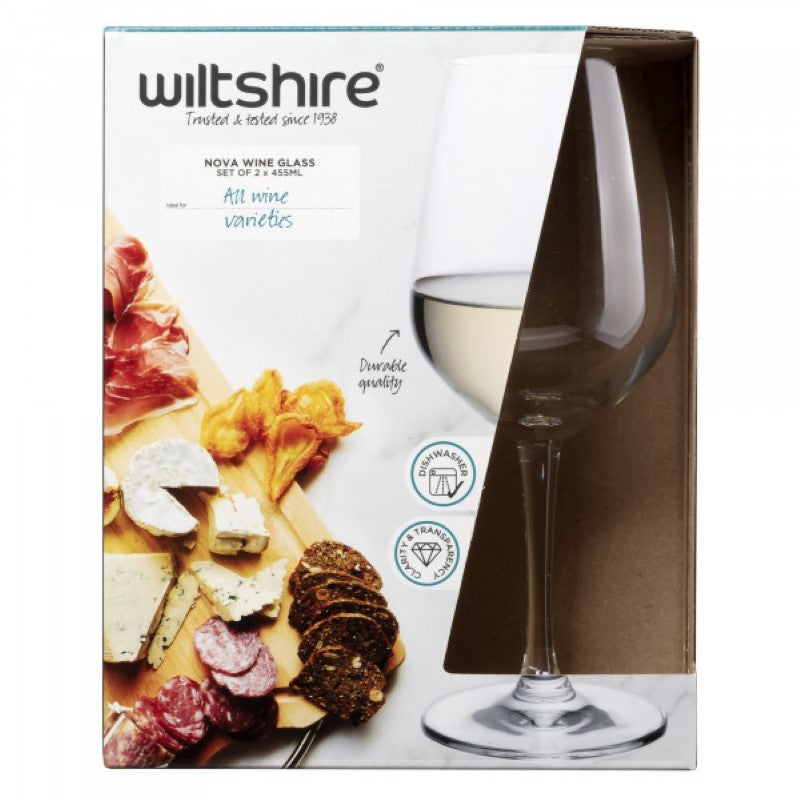 Elegant Wiltshire Set 2 Nova Wine glasses, 455ml, for all wine types with durable, clear soda lime glass construction.