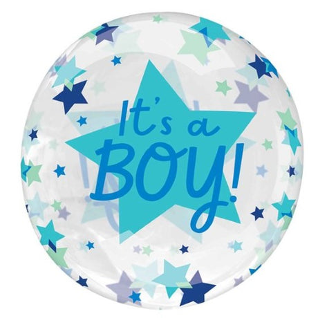 Self-sealing stretchy balloon with a "It's a Boy" design and bright stars, perfect for baby showers and gender reveal parties.