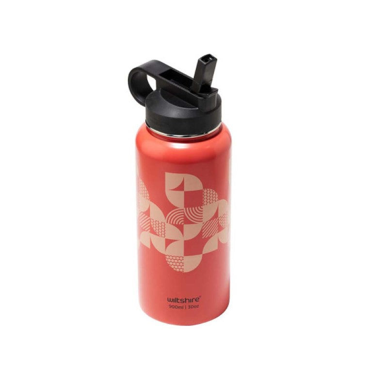 Stylish 900ml stainless steel bottle with flamingo design, double-layer insulation, carry handle, and convenient straw for easy sipping.