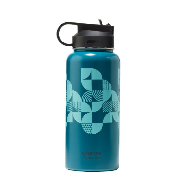 Sleek 900ml stainless steel bottle with a straw, carry handle, and double-layer design for optimal temperature retention.