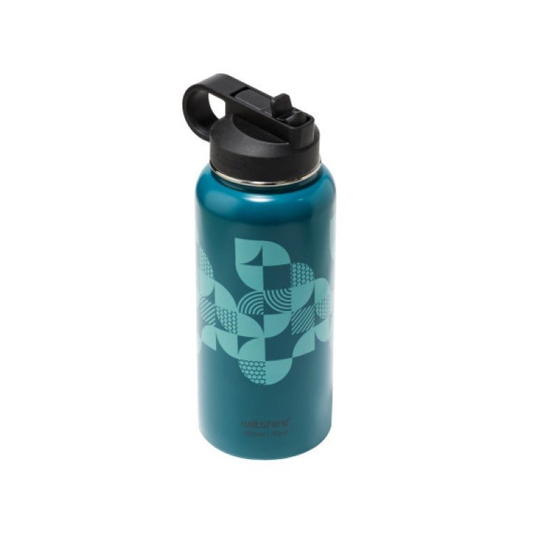 Stylish Wiltshire 900ml stainless steel bottle with carry handle and straw, perfect for hot or cold drinks on the go.