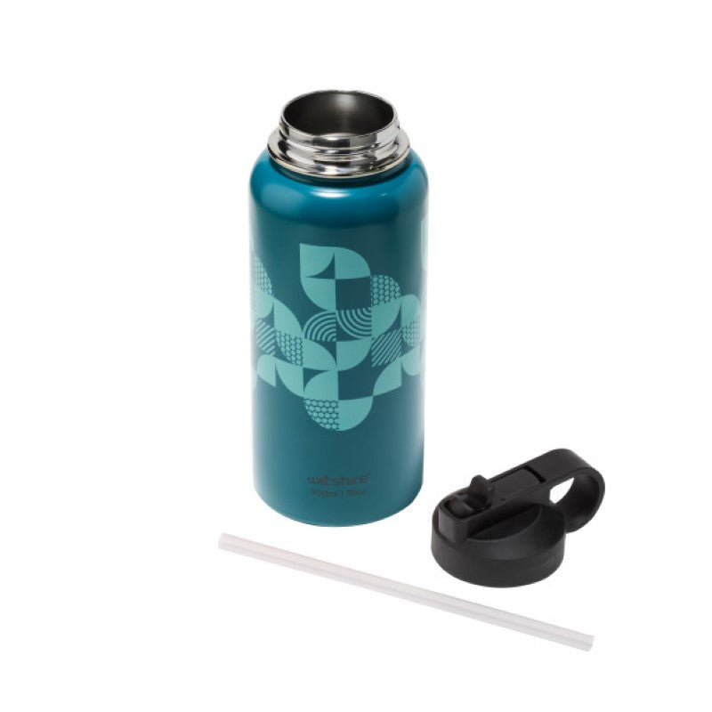 Sleek Wiltshire stainless steel bottle with straw, designed for optimal temperature retention and convenient carrying.