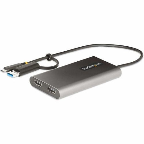 USB-C to Dual-HDMI Adapter in grey aluminum, enabling dual 4K 60Hz displays with 100W PD pass-through for seamless connectivity.