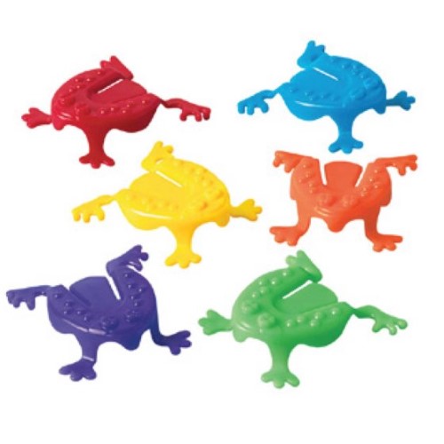 Colorful pack of 6 jumping frogs designed for fun, play, and developing hand-eye coordination. Ideal for outdoor games.