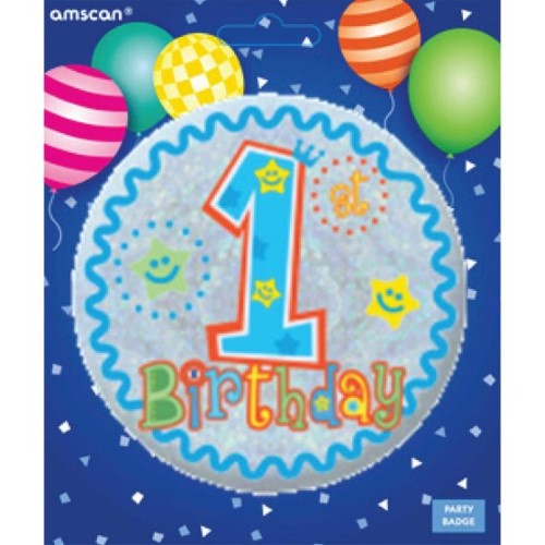 Vibrant 'Happy 1st Birthday Boy' badge, perfect for celebrating and capturing memories of your child's first birthday.