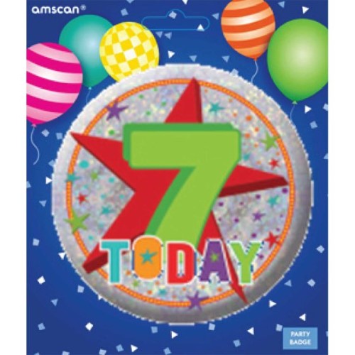 Vibrant badge celebrating a child's 7th birthday, perfect for parties and keepsakes with bright colors and fun graphics.