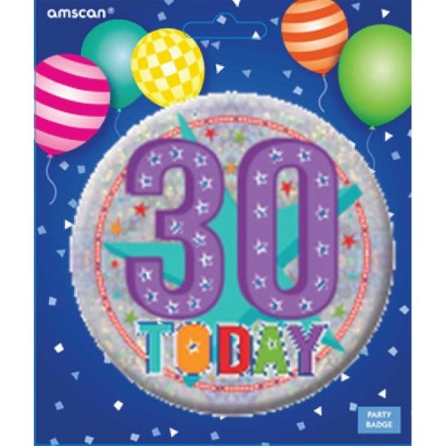 Large badge featuring "Happy 30th Birthday" in vibrant colors, perfect for celebrating a milestone birthday party.