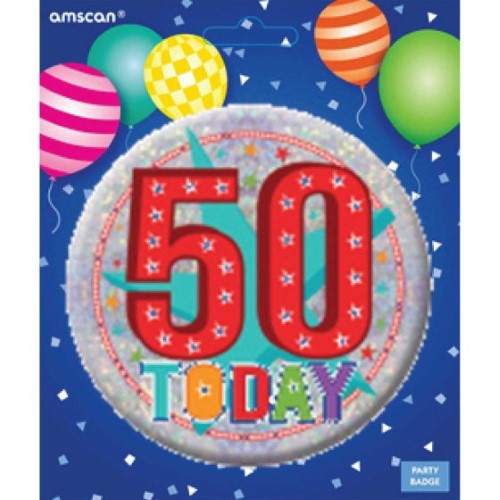 Large vibrant badge celebrating a 50th birthday, perfect for parties and makes the guest of honor feel special.