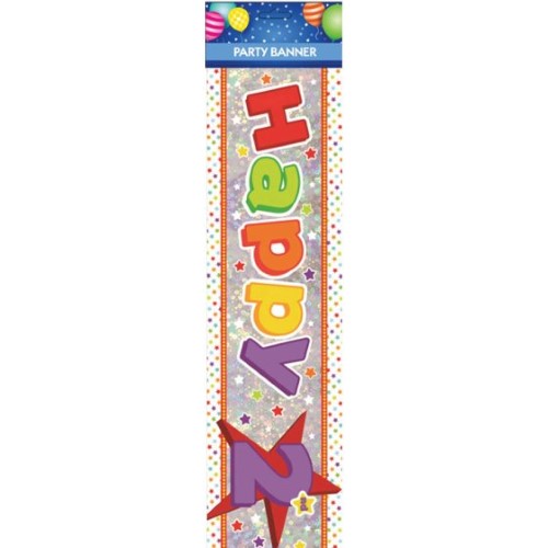 Colorful "Happy 2nd Birthday" banner, perfect for celebrating a child's second birthday party with vibrant decorations.