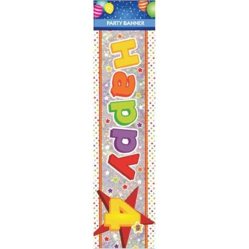 Colorful "Happy 4th Birthday" banner, perfect for celebrating a child's special day with cheerful party decor.