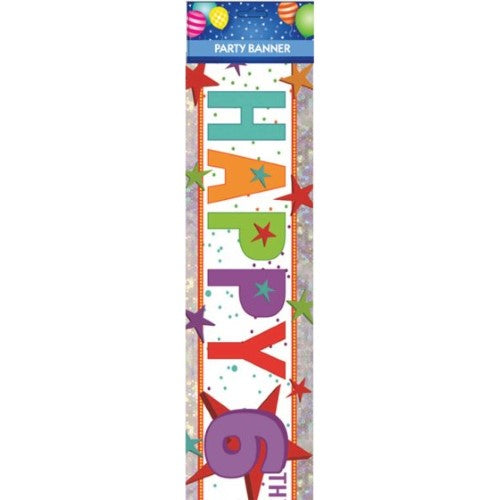 Vibrant "Happy 6th Birthday" banner in playful colors, perfect for creating a festive atmosphere at birthday parties.