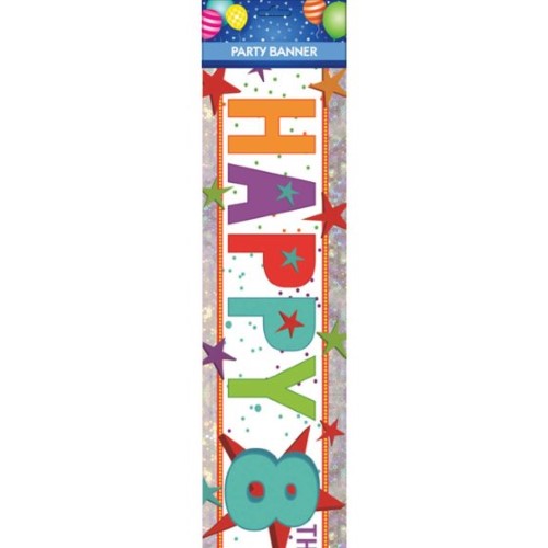 Vibrant "Happy 8th Birthday" banner featuring bright colors and fun graphics, perfect for joyful birthday celebrations.