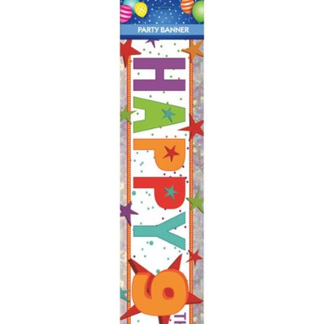 Vibrant "Happy 9th Birthday" banner in bright colors, perfect for indoor and outdoor celebrations.