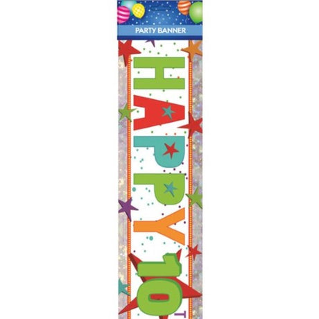 Vibrant "Happy 10th Birthday" banner, perfect for indoor/outdoor parties, celebrating a decade of joy for kids.