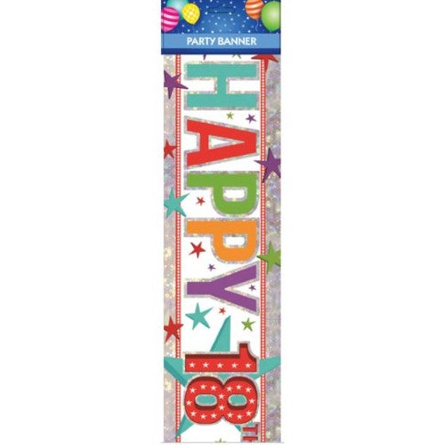 Vibrant "Happy 18th Birthday" banner in bold colors, perfect for celebratory gatherings and photo backdrops.