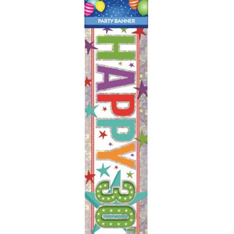 Vibrant multi-colored banner saying "Happy 30th Birthday," perfect for celebrating milestone birthdays at any festive event.