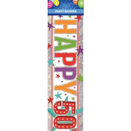 Vibrant 50th birthday banner with colorful design, perfect for celebrating milestone moments at parties and gatherings.